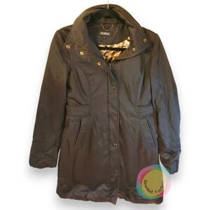 Vintage Guess Raincoat Trench Coat Womens Small Black Animal Print Lined Y2K 90s